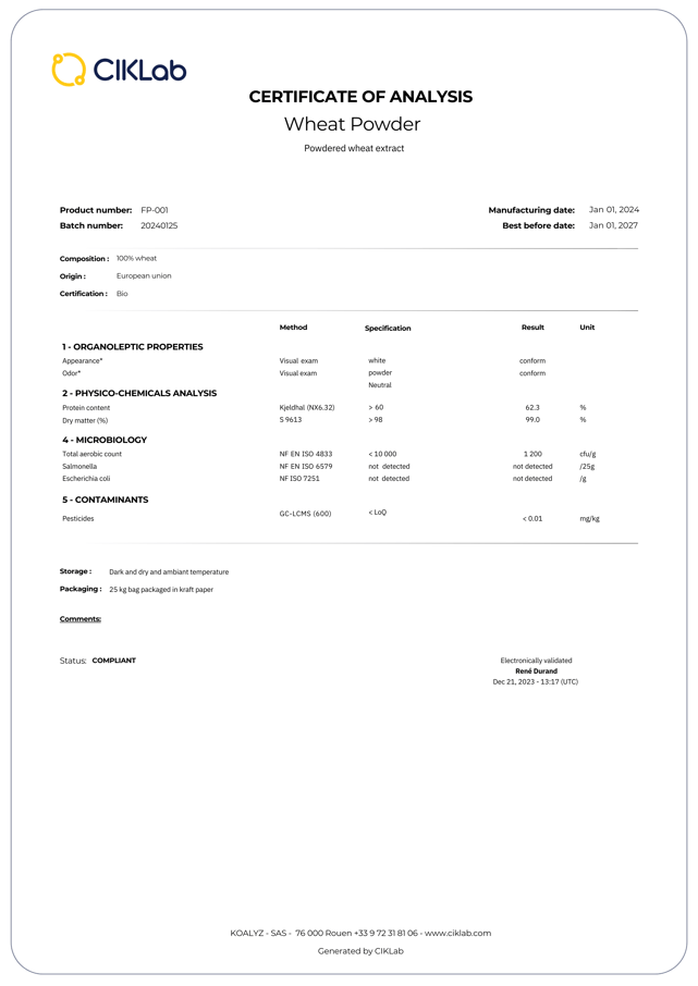 Exemple de certificat d'analyses CoA automatiquepar CIKLab